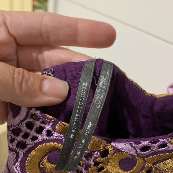 Anthropologie | Mini Dress Purple Gold Embroidered Halter Back- Size 4 Petite - Picture 10 of 15
